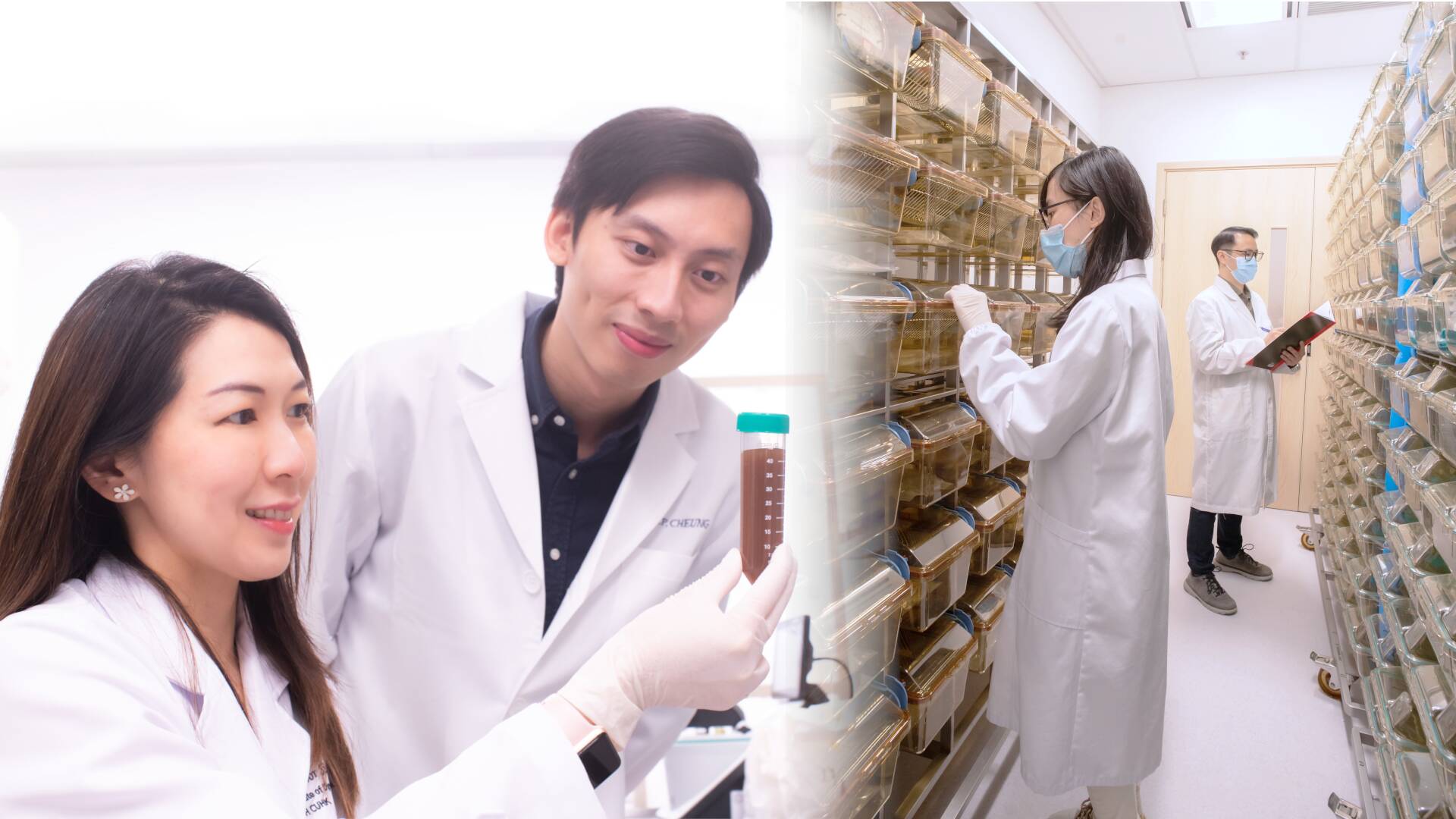 Prof. Siew Ng is identifying optimal healthy microbiome from a donor for personalized therapy in Asia’s first research stool bank (left); while pipelines of human-derived microorganisms are being tested in our in- house animal facility that can hold up to 2,500 mice (right).